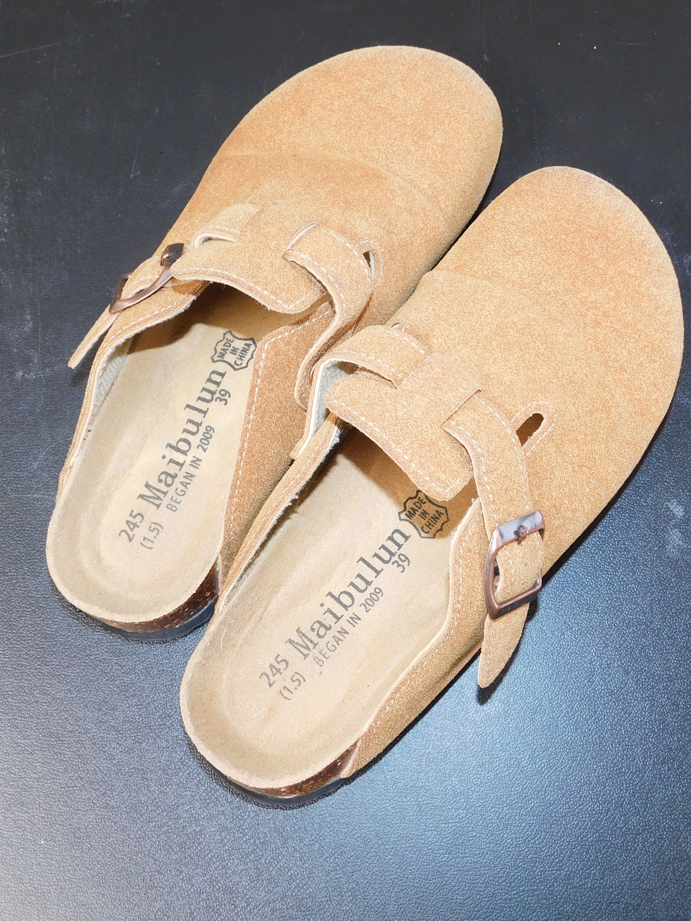 Suede Buckle Clog Mule in Tan